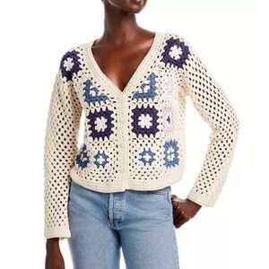 Aqua Crochet Cardigan Sweater Floral Granny Squares